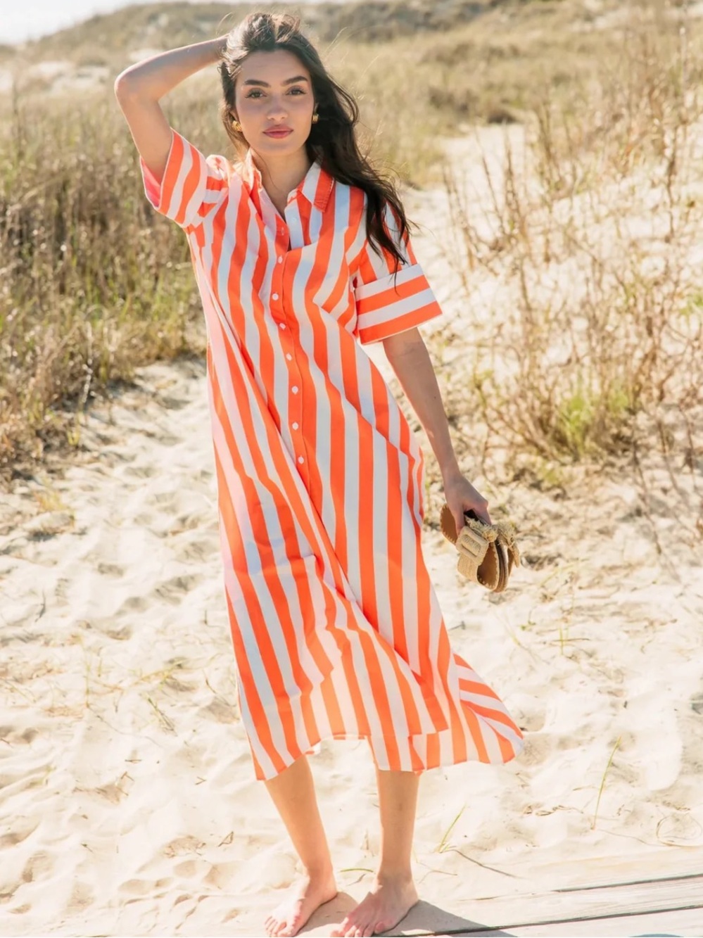 LIVRO Gibbons Dress Small Sunny Stripes NWT Orange Maxi Shirt Dress Pockets - Picture 4 of 13